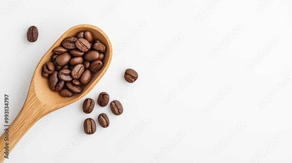 Fototapeta premium Freshly roasted coffee beans in a wooden spoon with scattered beans on a white surface, perfect for coffee enthusiasts.