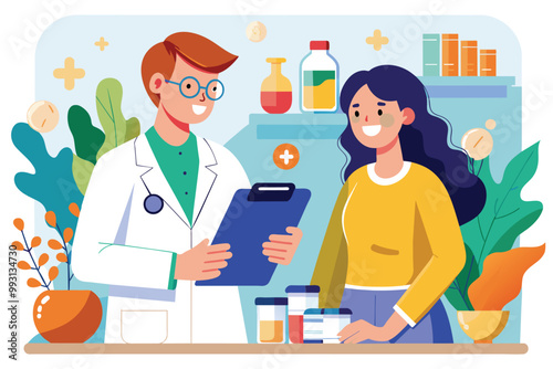 A healthcare professional discusses treatment and medication options with a patient in a pharmacy, Doctor explaining medicine to customer, flat illustration.