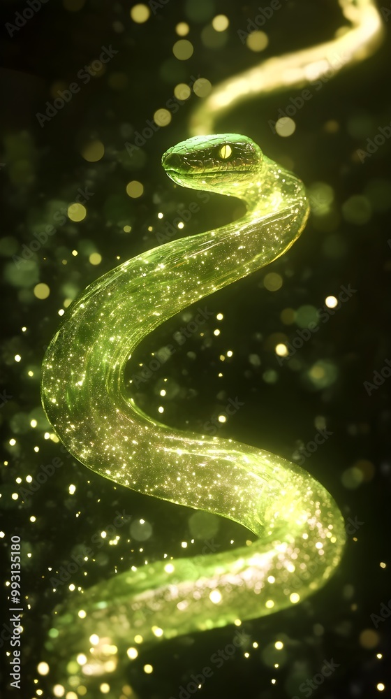 A Vibrant Glowing Green Snake with Cosmic Stars. A Vibrant Glowing Green Snake with Cosmic Stars.