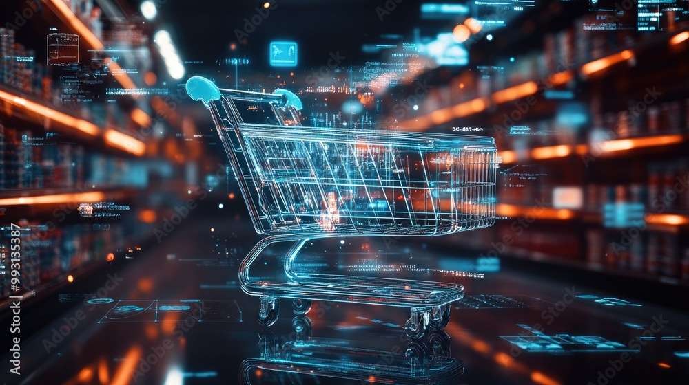 A futuristic shopping cart surrounded by AI-enhanced visual elements and abstract retail data analytics. A futuristic shopping cart surrounded by AI-enhanced visual elements and abstract retail data analytics.