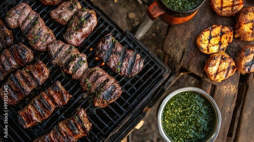 Authentic Argentinian Asado: Grilled Meats with Chimichurri Sauce at Outdoor BBQ Gathering photo