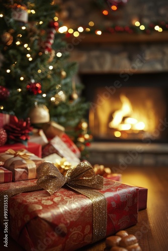 Cozy holiday living room with wrapped gifts by a Christmas tree and warm fireplace glow photo