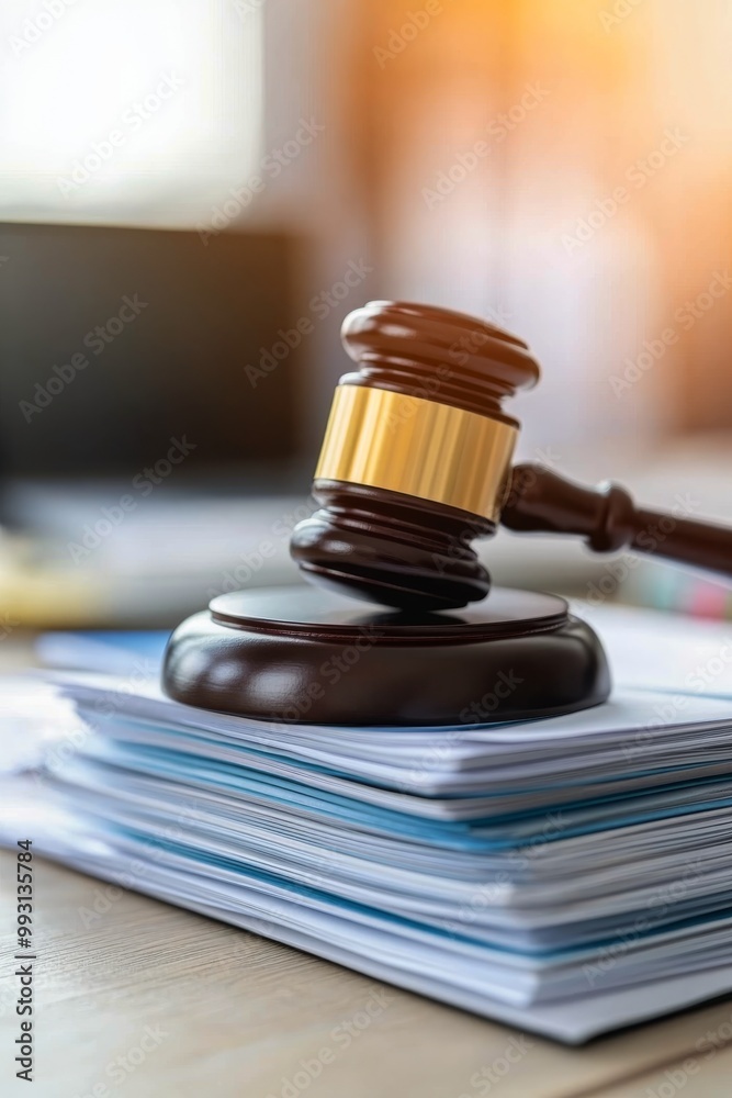 A wooden gavel rests above a stack of legal documents in a law office during the day A wooden gavel rests above a stack of legal documents in a law office during the day