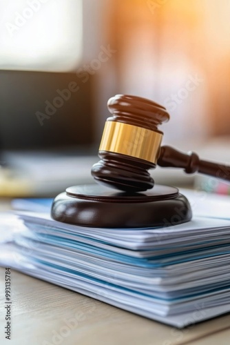 A wooden gavel rests above a stack of legal documents in a law office during the day