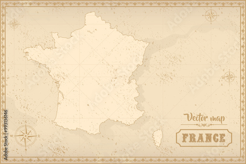Map of France in the old style, brown graphics in retro fantasy style