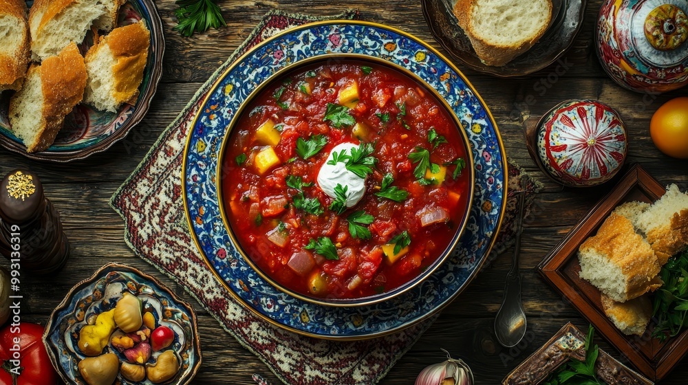 Warm and Cozy Russian Borscht: Top-Down View of Traditional Winter Soup with Folk Motifs