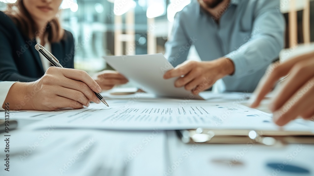 A group of people collaborating at a table, engaged in discussion and reviewing documents in a professional setting. A group of people collaborating at a table, engaged in discussion and reviewing documents in a professional setting.