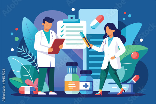 Two doctors discuss drug prescriptions while surrounded by medical supplies and a clipboard in a clinic, Doctors write drug prescriptions, flat Illustration