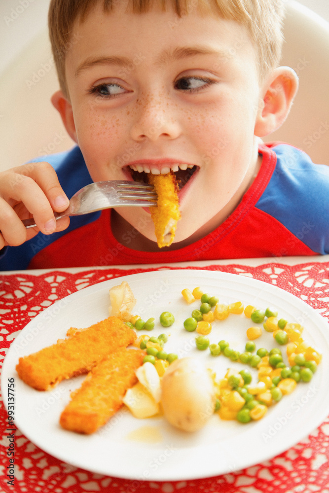 Young Boy Eating Fish fingers and Vegetables
Young Boy Eating Fish fingers and Vegetables