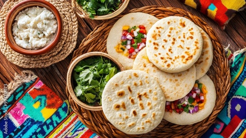 Fototapeta Naklejka Na Ścianę i Meble -  Unique Colombian Beach Experience: Top-down view of delicious arepas with cultural music ambiance