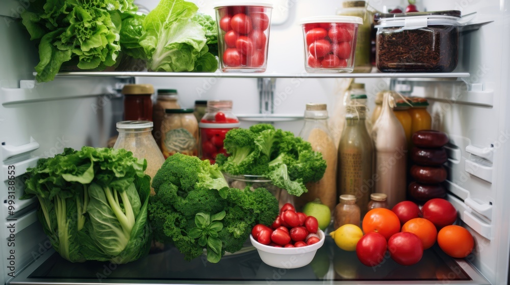 The interior of a fridge brims with fresh vegetables, dairy products, and jars, showcasing an abundance of healthy, colorful food choices neatly organized. The interior of a fridge brims with fresh vegetables, dairy products, and jars, showcasing an abundance of healthy, colorful food choices neatly organized.