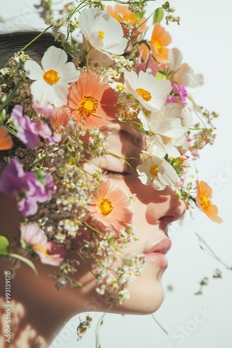 Close-up of serene woman with face covered in vibrant spring flowers.