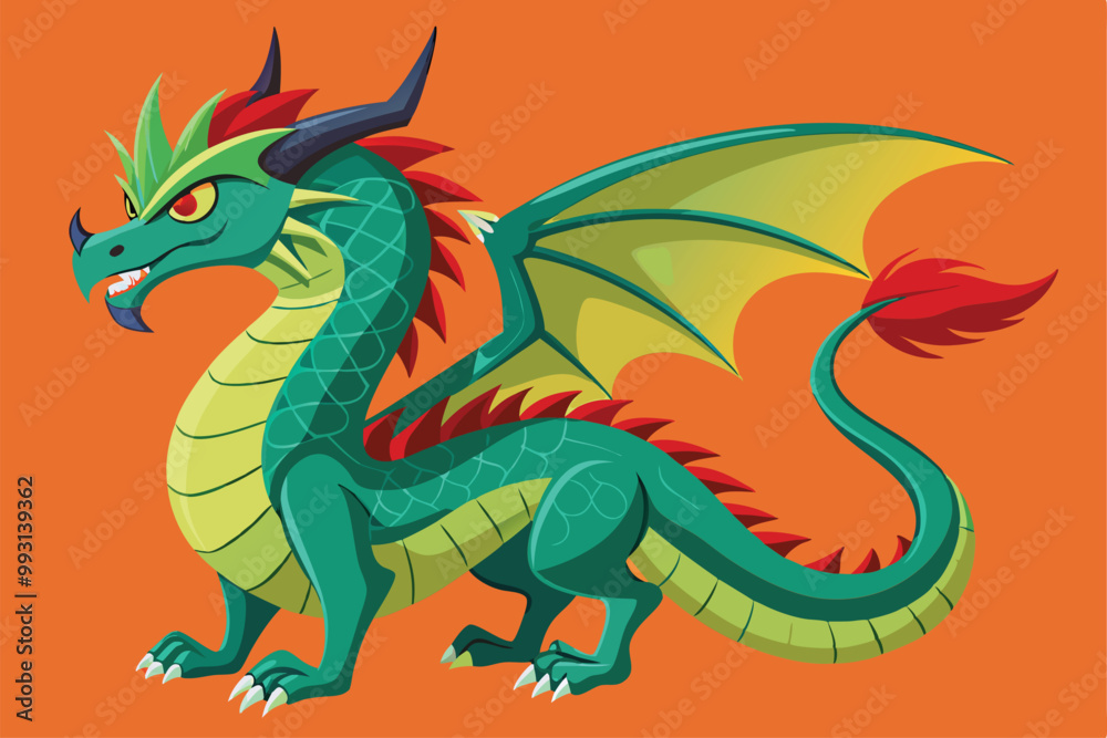 A vibrant dragon stands proudly, showcasing its green scales, red accents, and majestic wings in bold colors, Dragon Illustration A vibrant dragon stands proudly, showcasing its green scales, red accents, and majestic wings in bold colors, Dragon Illustration