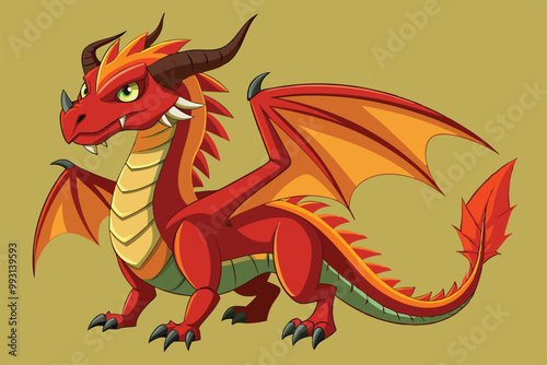A striking red dragon stands proudly, showcasing its intricate wings and fierce gaze against a plain backdrop, Dragon Illustration