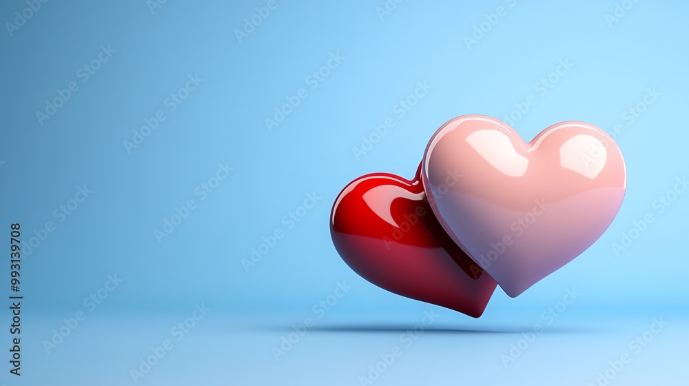 Two glossy hearts in red and pink on a soft blue background.