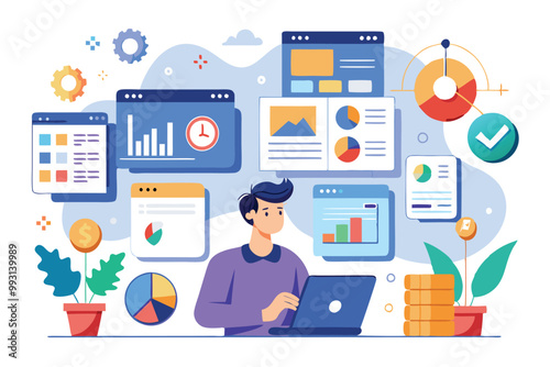 A person works on a laptop, surrounded by colorful charts and graphs, analyzing data in a bright, creative space, Draw data manually, use flat illustration.