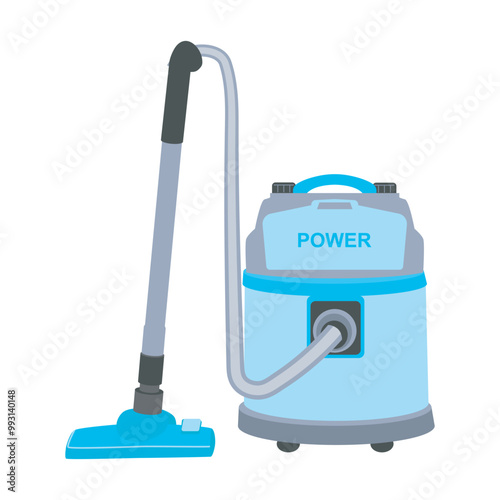 Blue vacuum cleaner in flat design. Retro hoover, housekeeping appliance. Vector illustration isolated.
