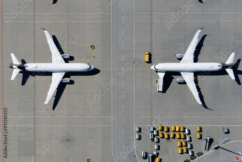 View from above airplanes parked face to face on sunny airport tarmac
