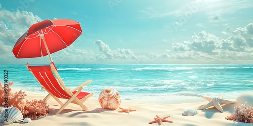 Fototapeta Naklejka Na Ścianę i Meble -  Red umbrella, beach chair, ball, shells, coral, sandy beach, bright sky, travel and vacation concept.