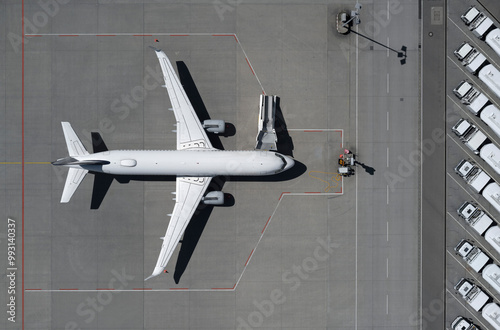View from above airplane and boarding stairs on sunny airport tarmac
