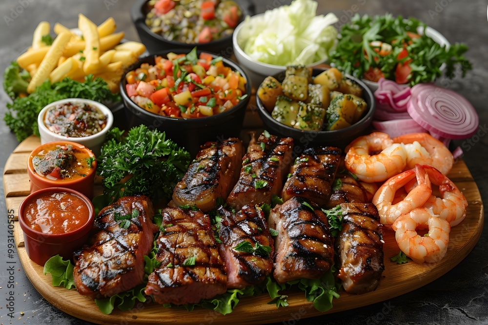 Grilled Meat and Seafood Platter with Fresh Vegetables and Sauces for Summer BBQ Party Grilled Meat and Seafood Platter with Fresh Vegetables and Sauces for Summer BBQ Party