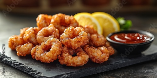 Crispy Fried Calamari Rings with Spicy Marinara Sauce and a Side of Lemon Wedges photo