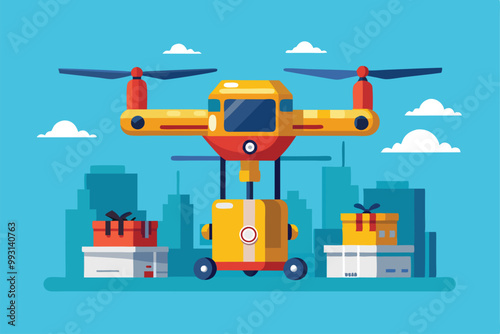 A colorful drone delivers customizable packages amidst a vibrant city skyline, Drone delivery with customizable and disproportionate illustration.