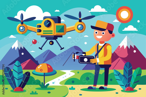 A drone operator captures a colorful cartoon scene featuring mountains and greenery, Drone filming for customizable cartoon illustration.