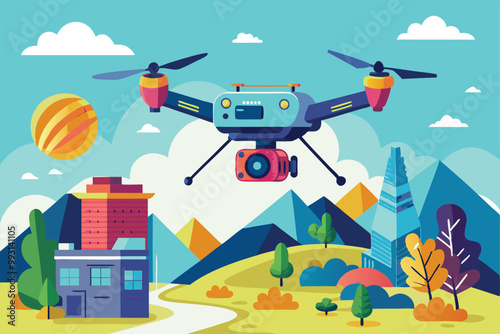 A drone captures high-angle views of mountains and urban structures on a clear day with vibrant colors, Drone filming illustration