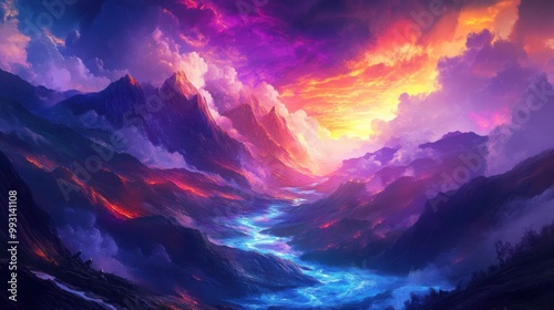 Surreal abstract landscape with flowing rivers of light, glowing mountains, and vibrant skies, blending fantasy and reality into a dreamlike world.