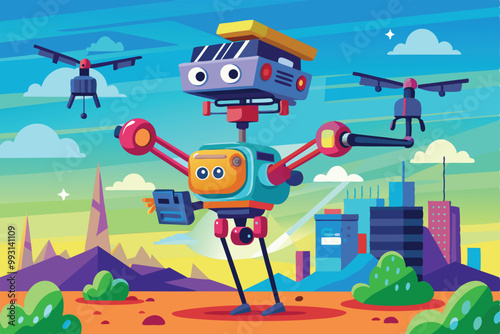 A colorful cartoon features a joyful robot operating drones in a lively city environment under blue skies, Drone filming for customizable cartoon illustration.