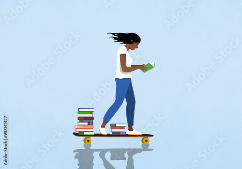 Woman with stack of books reading and skateboarding on blue background
