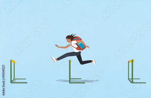 Schoolgirl with backpack jumping over hurdles on blue background
