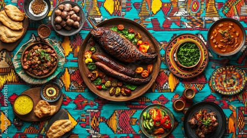 Vibrant Kenyan Nyama Choma Feast on Savannah Background with Traditional Designs photo