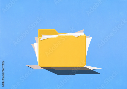 Paperwork spilling out of folder on blue background
