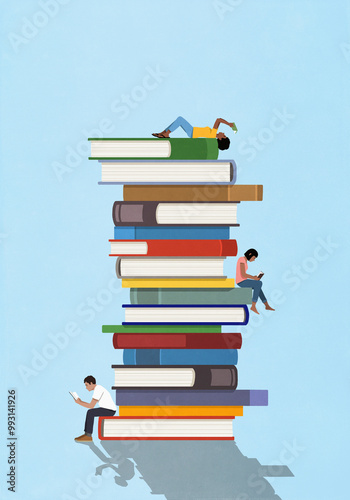 Young man and women reading among tall stack of books
