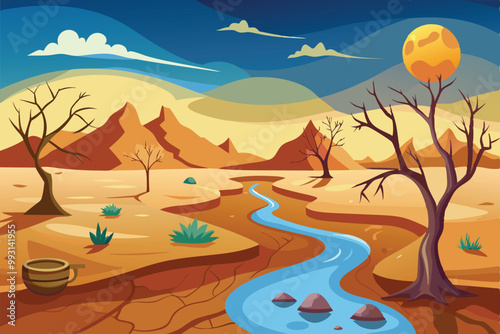 A dried-up landscape showcases cracked earth, sparse vegetation, and a dwindling river, Drought Illustration