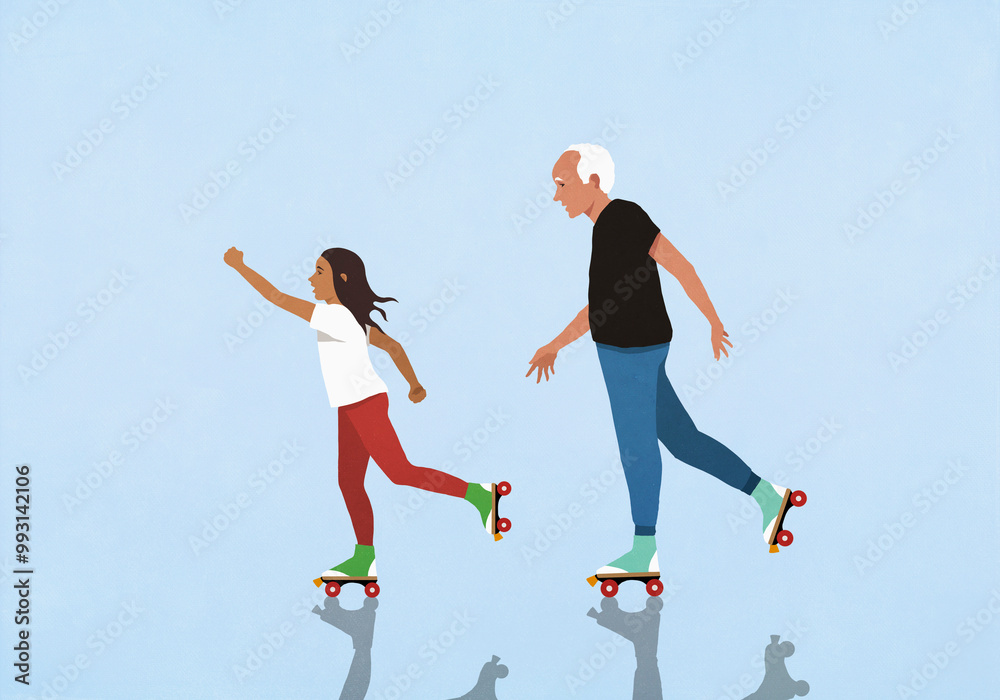 Grandfather roller skating with granddaughter on blue background
Grandfather roller skating with granddaughter on blue background