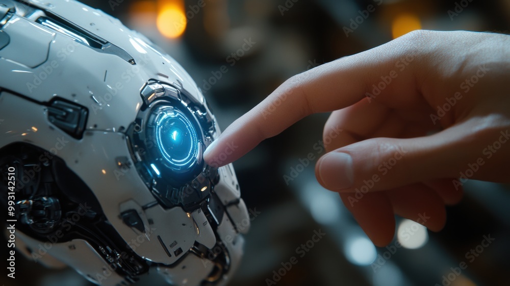 A human hand gently touches the glowing eye of a futuristic robot in a dimly lit workshop, highlighting the merging of technology and humanity A human hand gently touches the glowing eye of a futuristic robot in a dimly lit workshop, highlighting the merging of technology and humanity