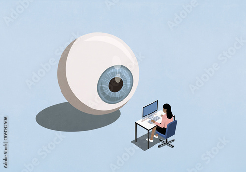 Large blue eyeball watching businesswoman working at computer
 photo