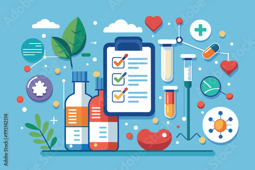 The illustration features pharmaceutical items like bottles, test tubes, and a checklist, highlighting drug info, drug info, simple illustration