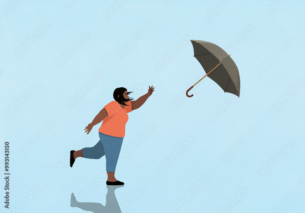 Overweight woman chasing umbrella blowing away in wind on blue background
Overweight woman chasing umbrella blowing away in wind on blue background