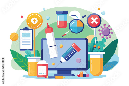 A colorful illustration showcasing tools for monitoring drug use alongside data analysis elements, Drug use monitoring, simple illustration.