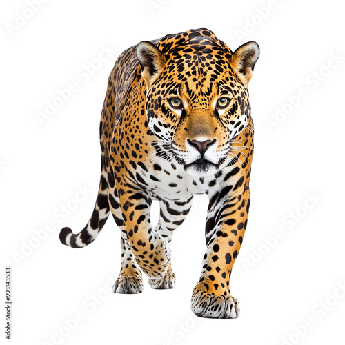 A majestic leopard walking confidently, showcasing its beautiful spotted fur and intense gaze, perfect for wildlife enthusiasts and nature project themes. photo