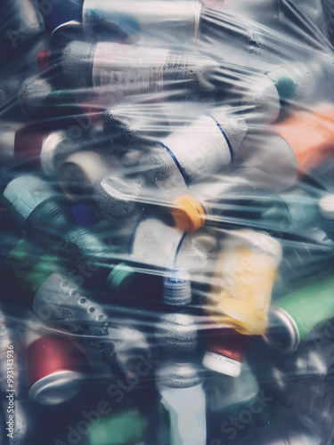 Full frame close up plastic bottles wrapped in recycling bag
