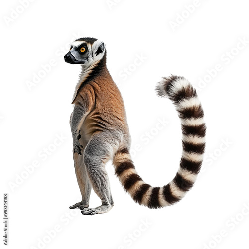 A ring-tailed lemur posing elegantly, showcasing its distinctive black and white striped tail against a white isolated background. photo