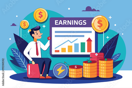 A business professional presents an earnings announcement featuring stable financial growth chart, earnings announcement, no change in illustration