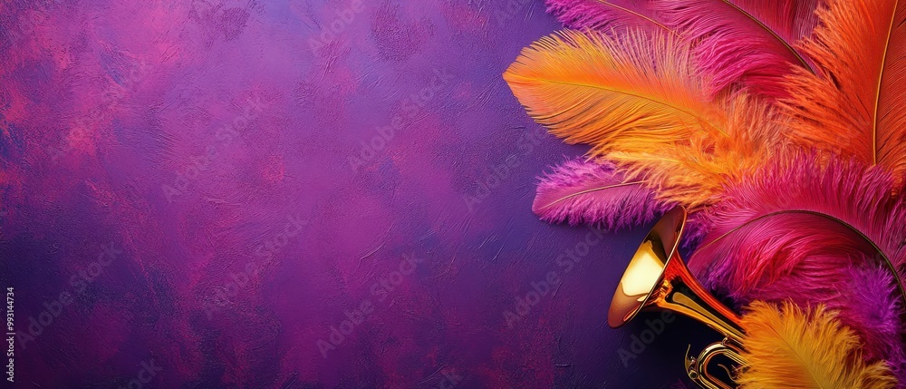 Obraz premium Vibrant background featuring colorful feathers and a golden trumpet, perfect for festive celebrations or music themes, background with copy space