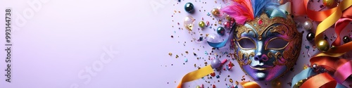 Vibrant carnival mask surrounded by colorful decorations and confetti, perfect for celebration and festive themes, background with copy space