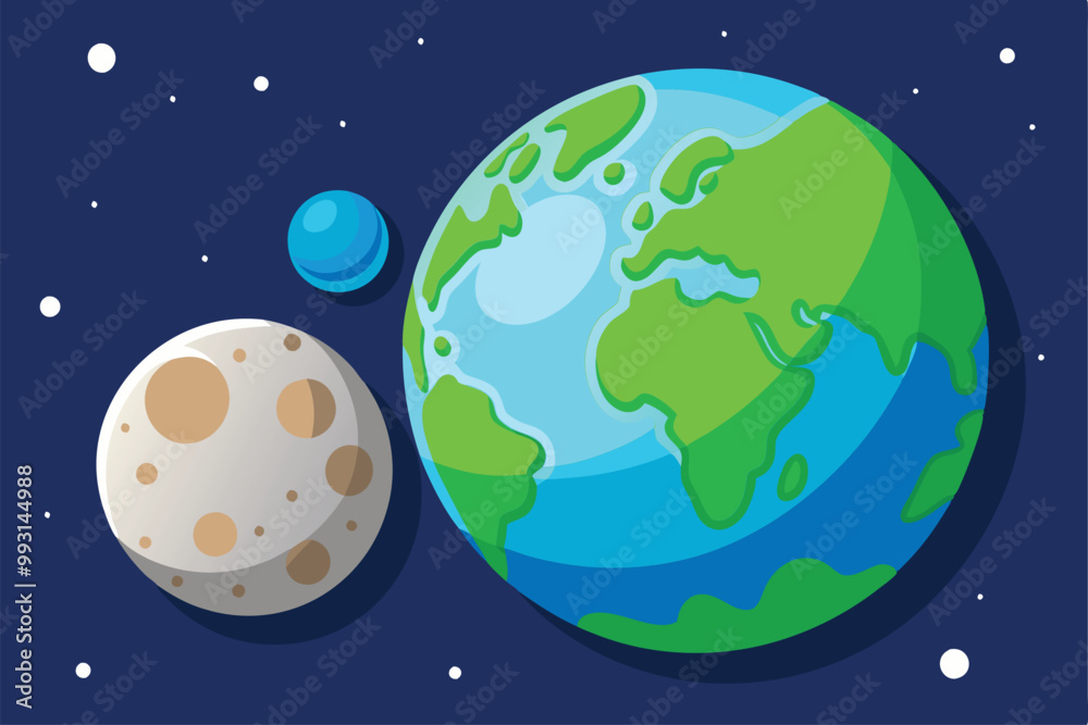 A vibrant depiction of Earth with the Moon and an additional planet, set against a dark starry background, Tea cartoon illustration that can be customized. A vibrant depiction of Earth with the Moon and an additional planet, set against a dark starry background, Tea cartoon illustration that can be customized.